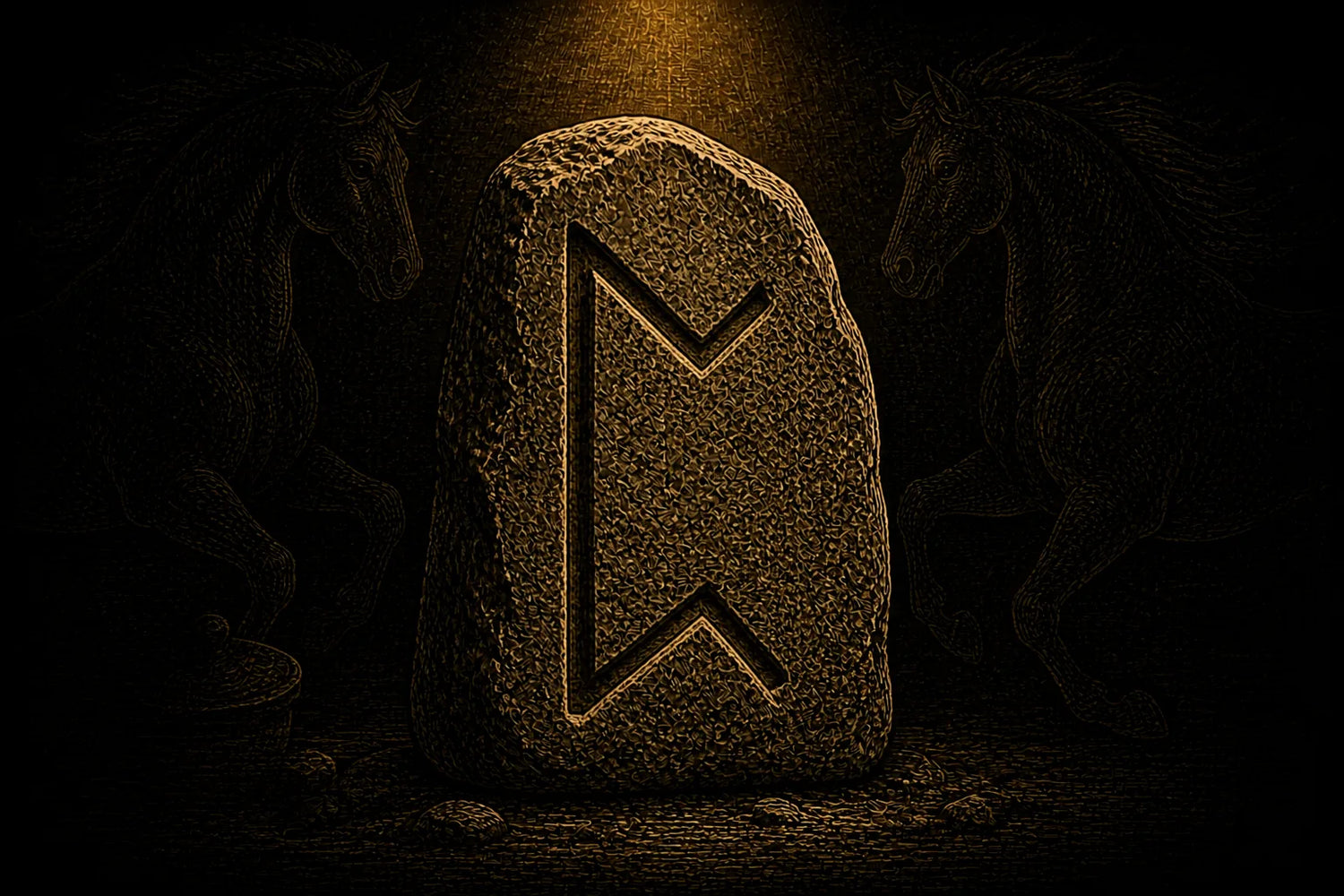 Perthro rune carved into a standing stone, symbolizing uncertainty, hidden information, and openness to chance