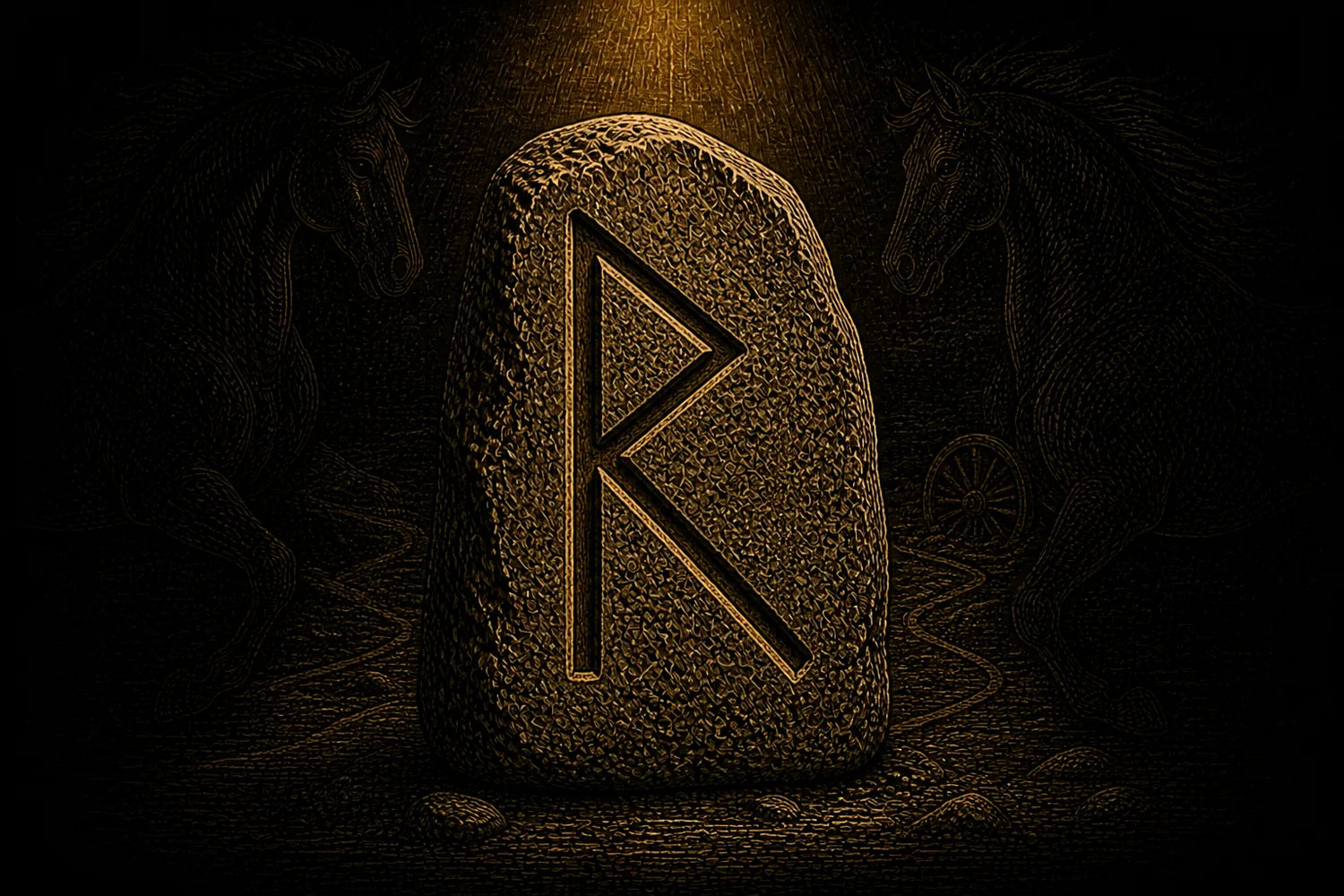Raidho rune carved into a standing stone, symbolizing movement, rhythm, and an ordered journey