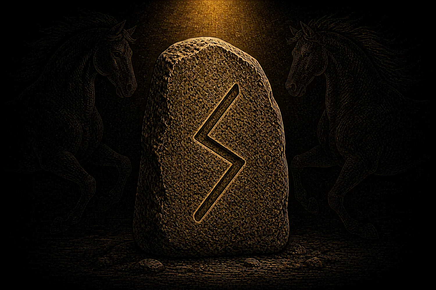 Sowilo rune carved into a standing stone, symbolizing clarity, vitality, and orientation