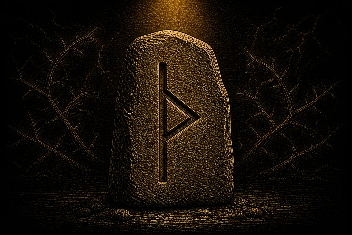 Thurisaz rune carved into a standing stone, symbolizing defence, friction, and disruptive force