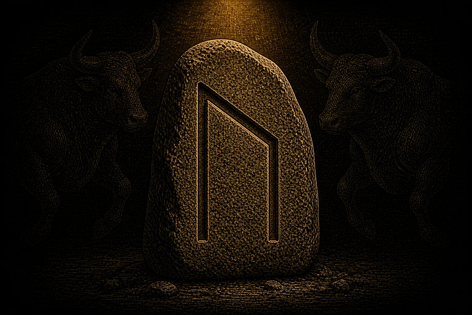 Uruz rune carved into a standing stone, symbolizing strength, vitality, and untamed capacity