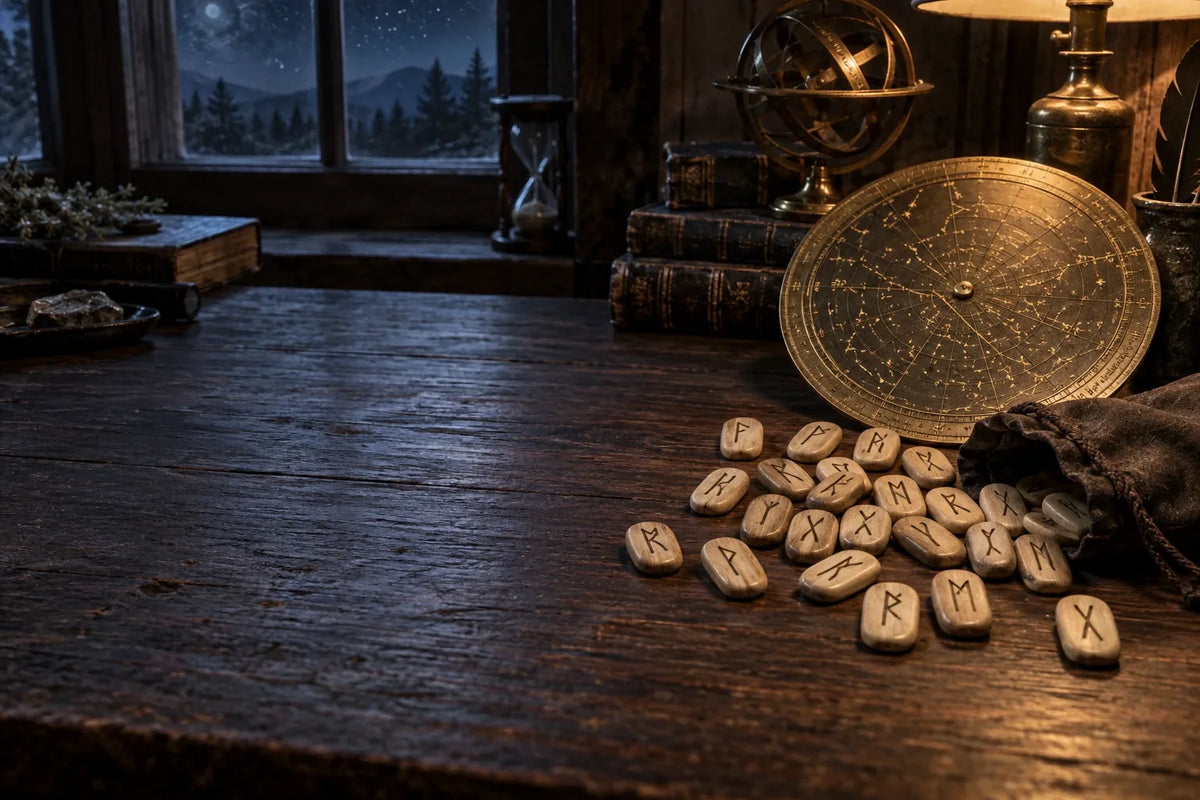 Elder Futhark runes beside a separate brass celestial chart