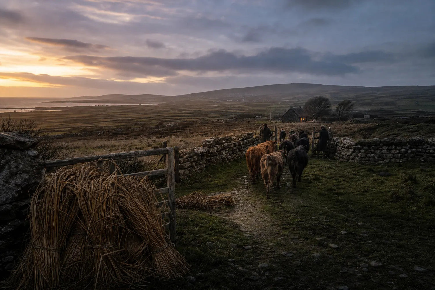 Cattle returning toward shelter in a rural Irish landscape at the beginning of winter
