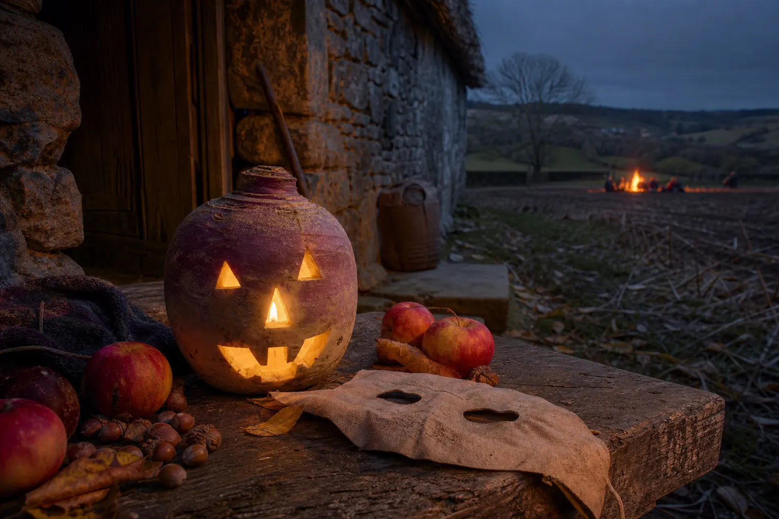 Carved Irish turnip lantern, apples, hazelnuts and a simple mask at a rural cottage on Samhain evening