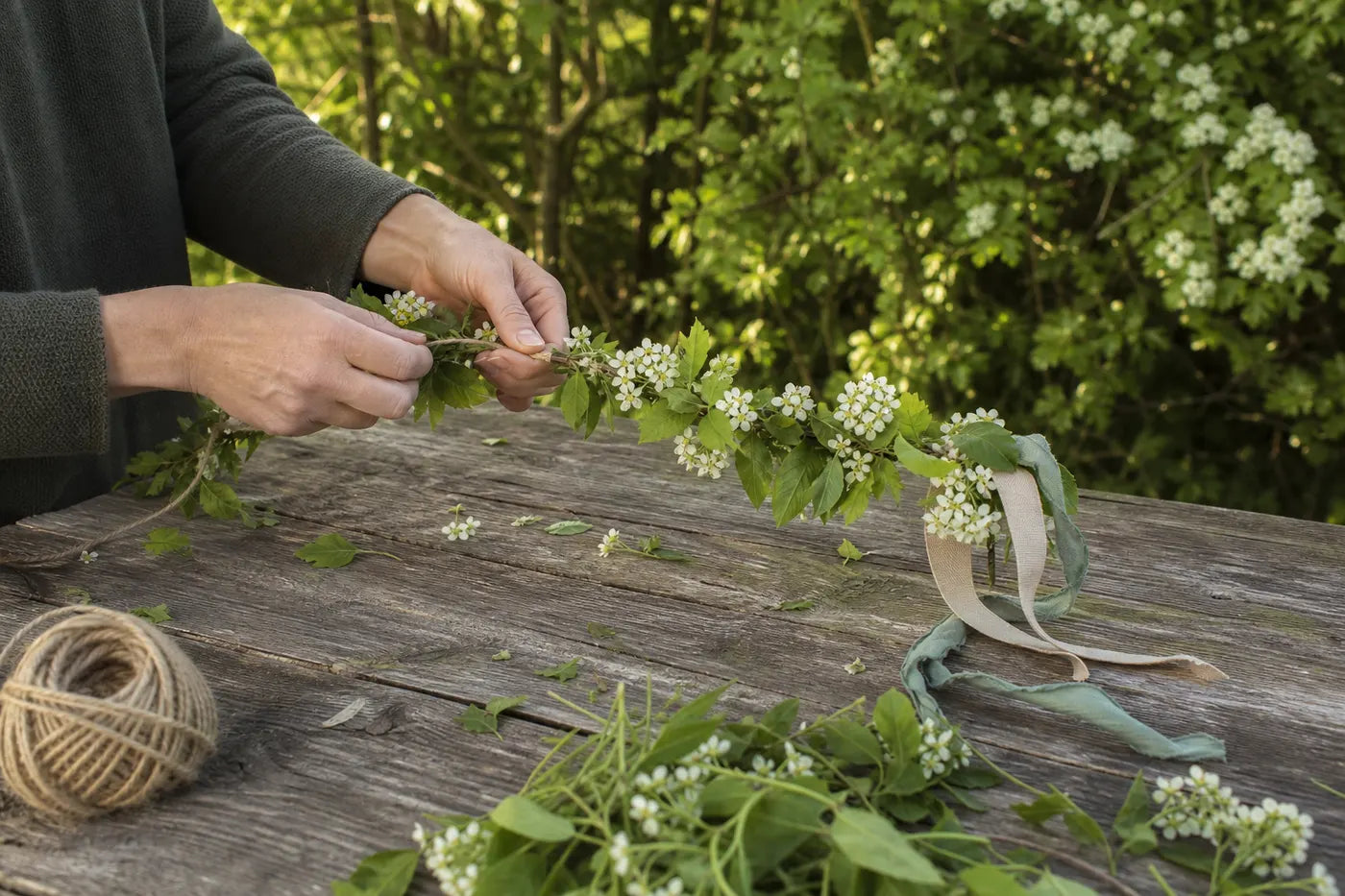 Beltane flowers and ribbons used in modern seasonal practice