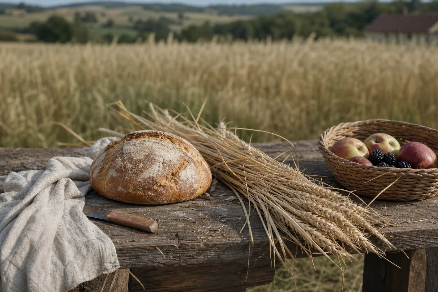 Fresh bread, barley and early fruit beside a late-summer grain field