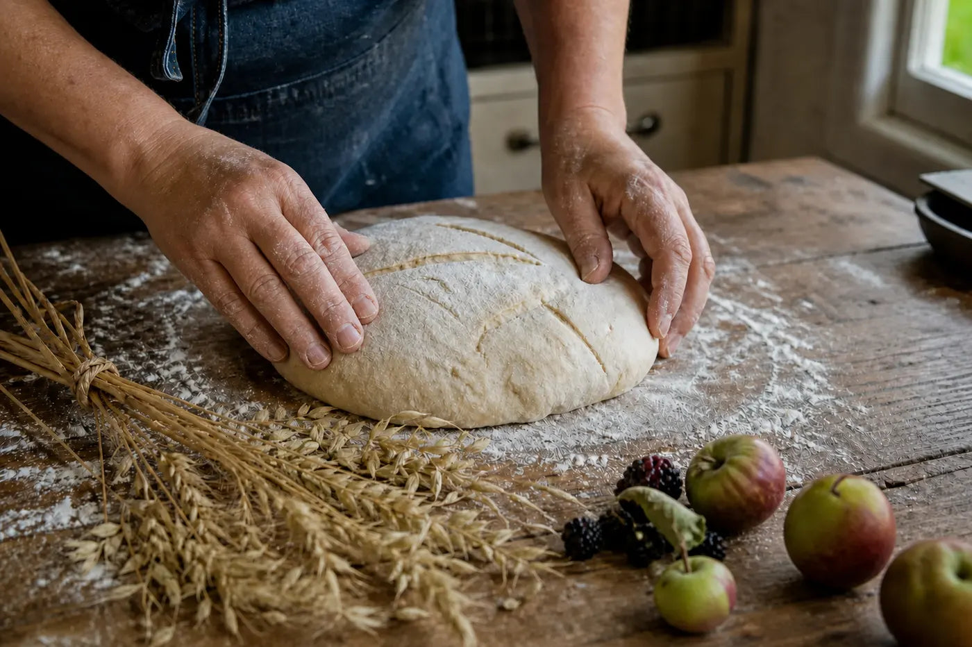 Hands resting on fresh harvest bread for Lughnasadh and Lammas