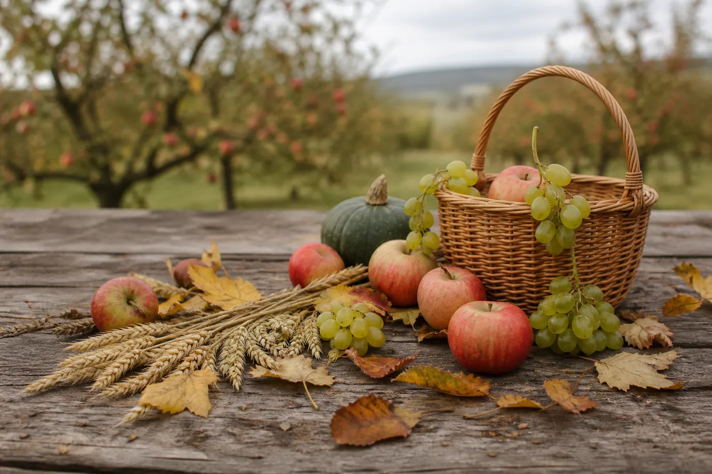 Autumn harvest of apples, grapes, squash and grain on a wooden table