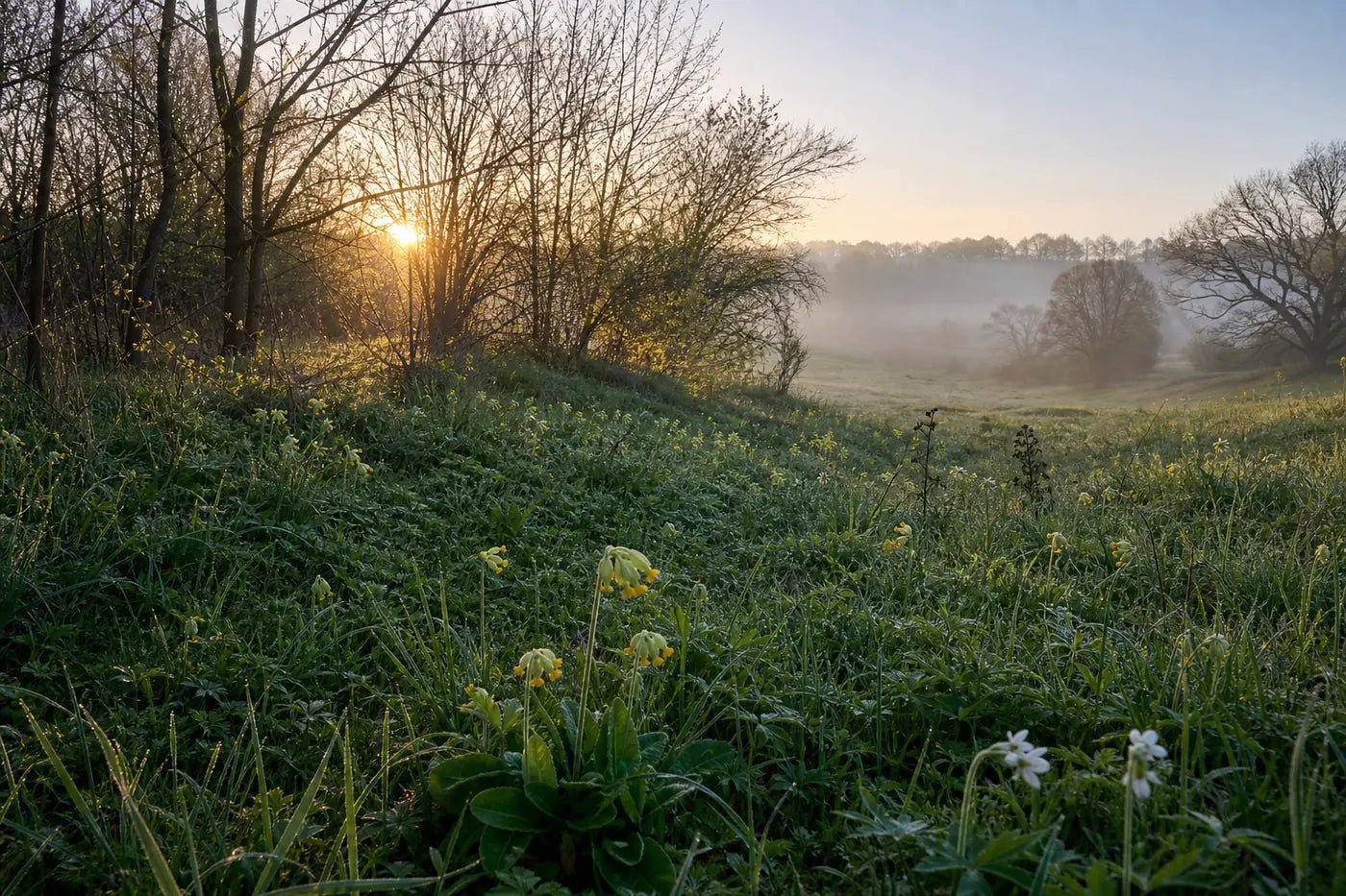 Early spring meadow at sunrise with fresh shoots and wildflowers