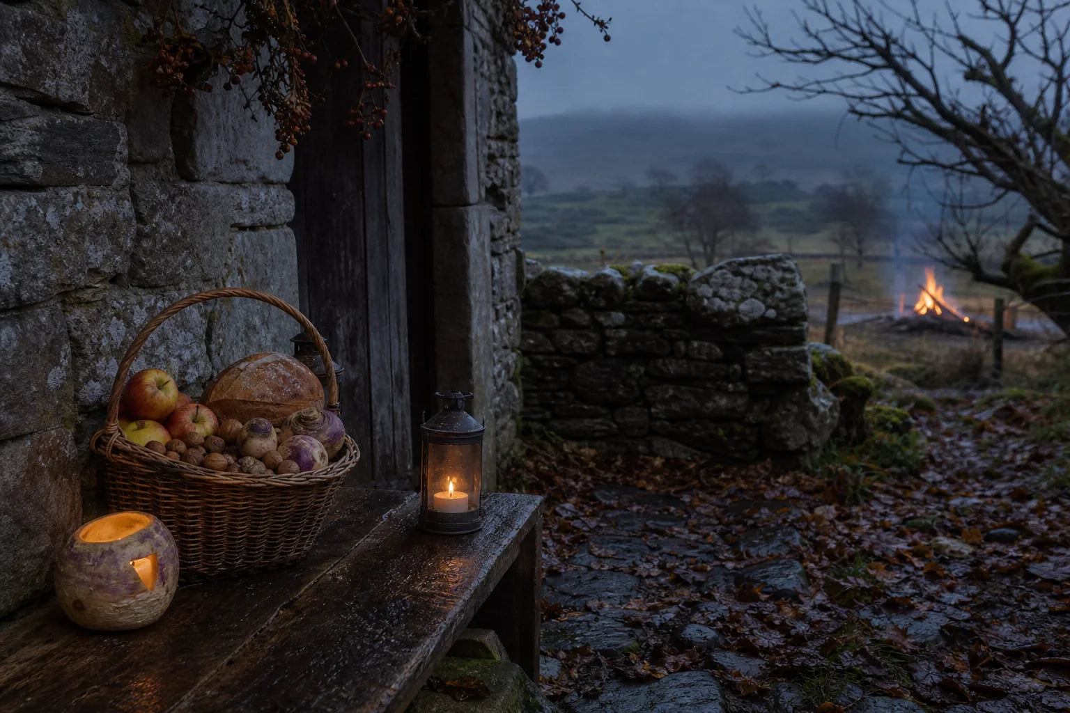 Samhain seasonal threshold with harvest basket, carved turnip lantern, and a distant fire