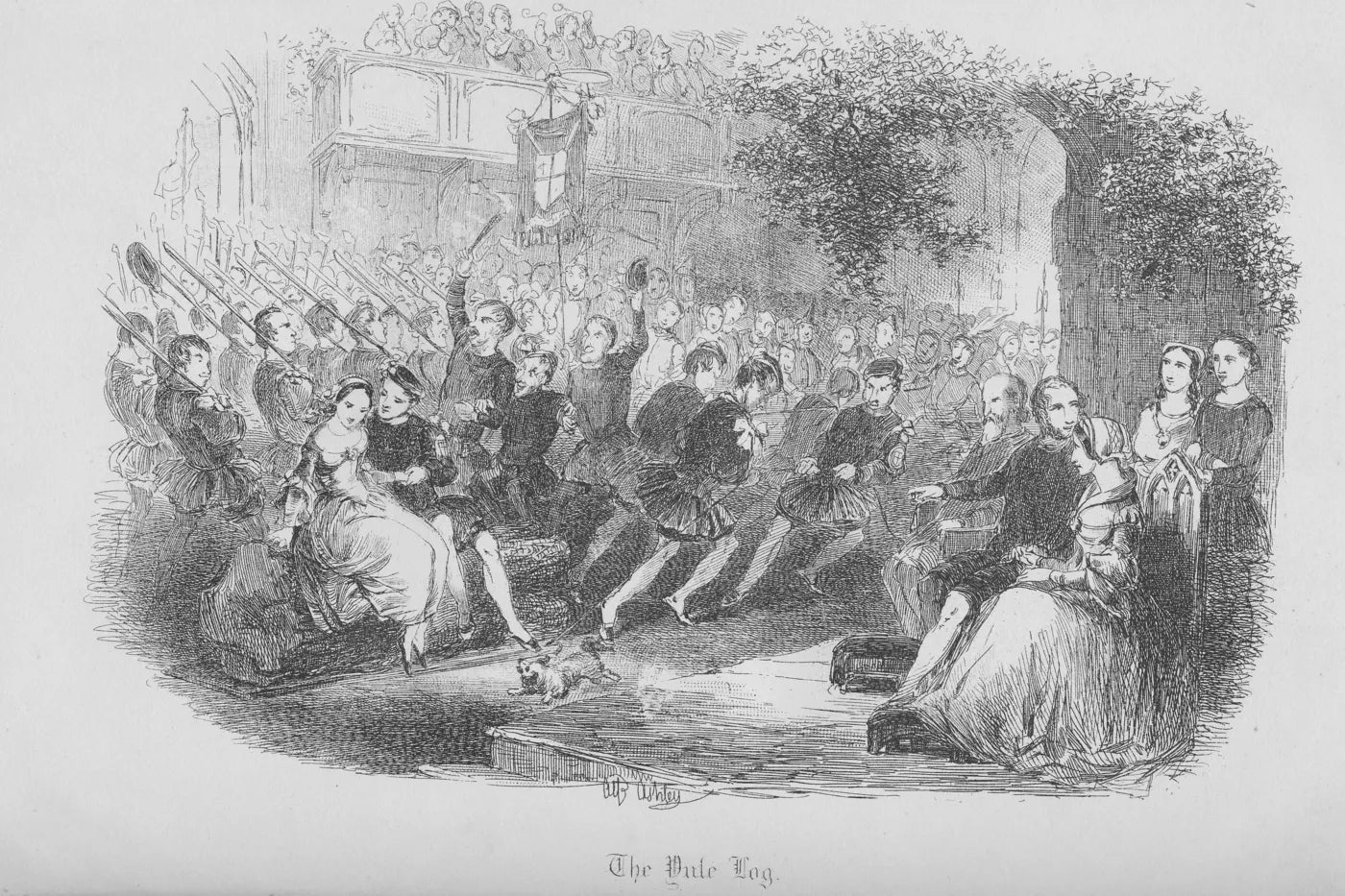 Historical nineteenth-century illustration of a Yule log celebration
