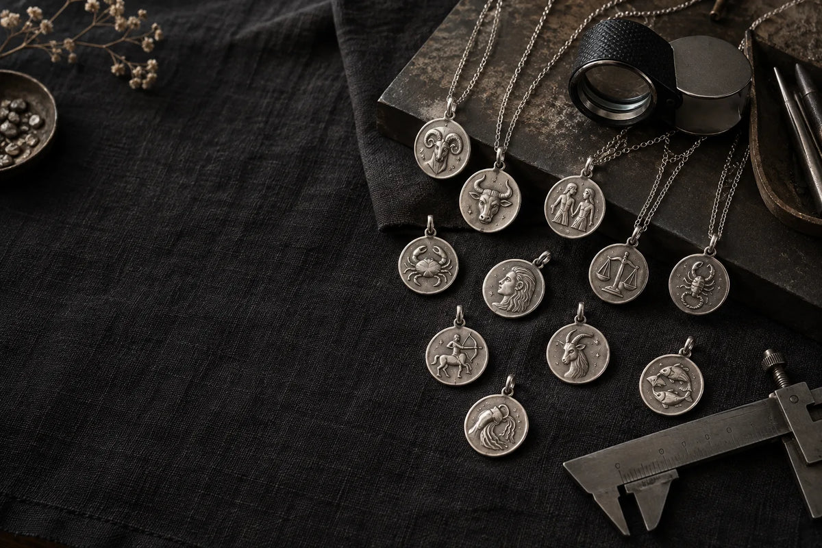 Handmade sterling silver zodiac pendants on dark linen
