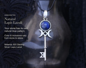 Natural lapis lazuli Hecate key necklace close-up
