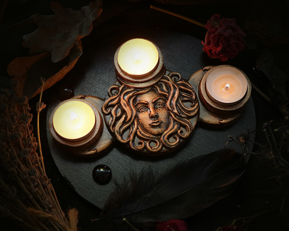 Wooden Candle Holder Inspired by the Hecate Goddess