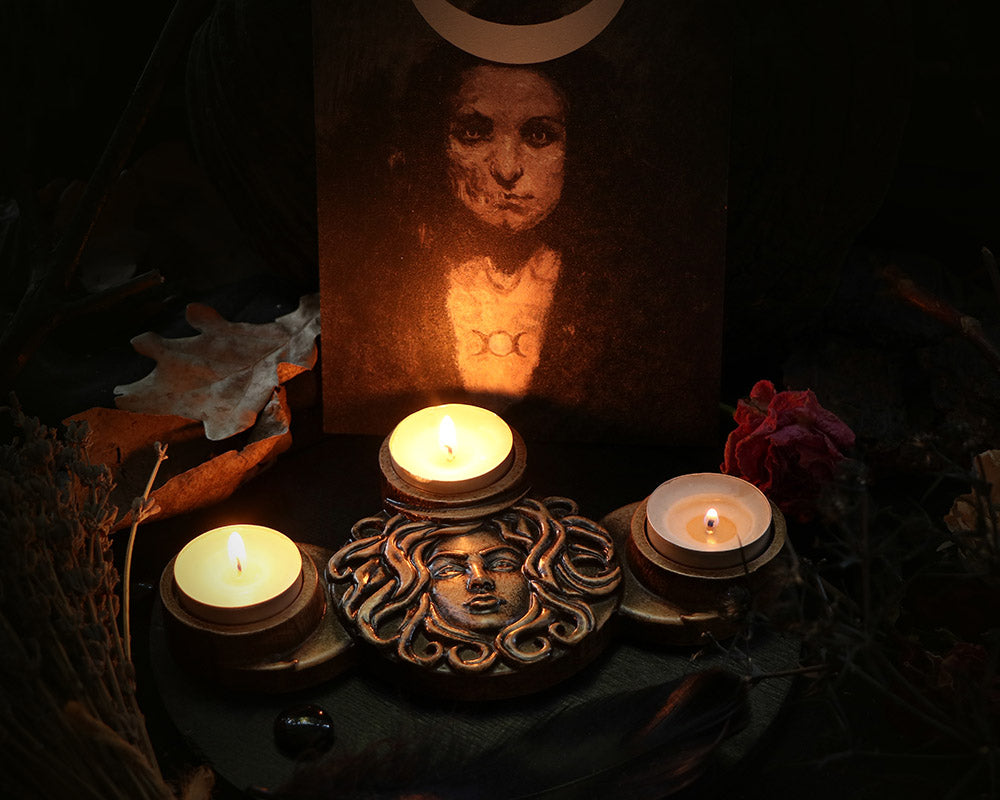 Wooden Candle Holder Inspired by the Hecate Goddess