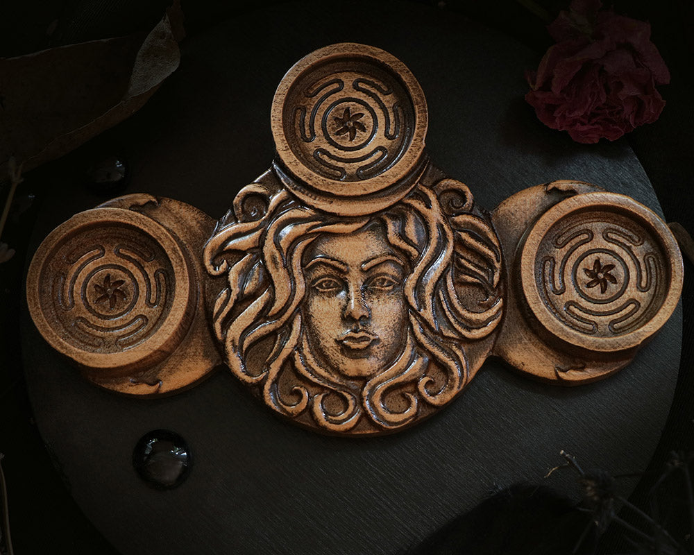 Wooden Candle Holder Inspired by the Hecate Goddess