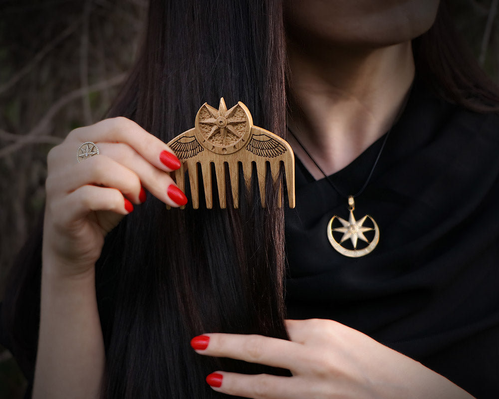 WOODEN Ishtar / Inanna COMB made of solid OAK wood, Natural Wood Comb