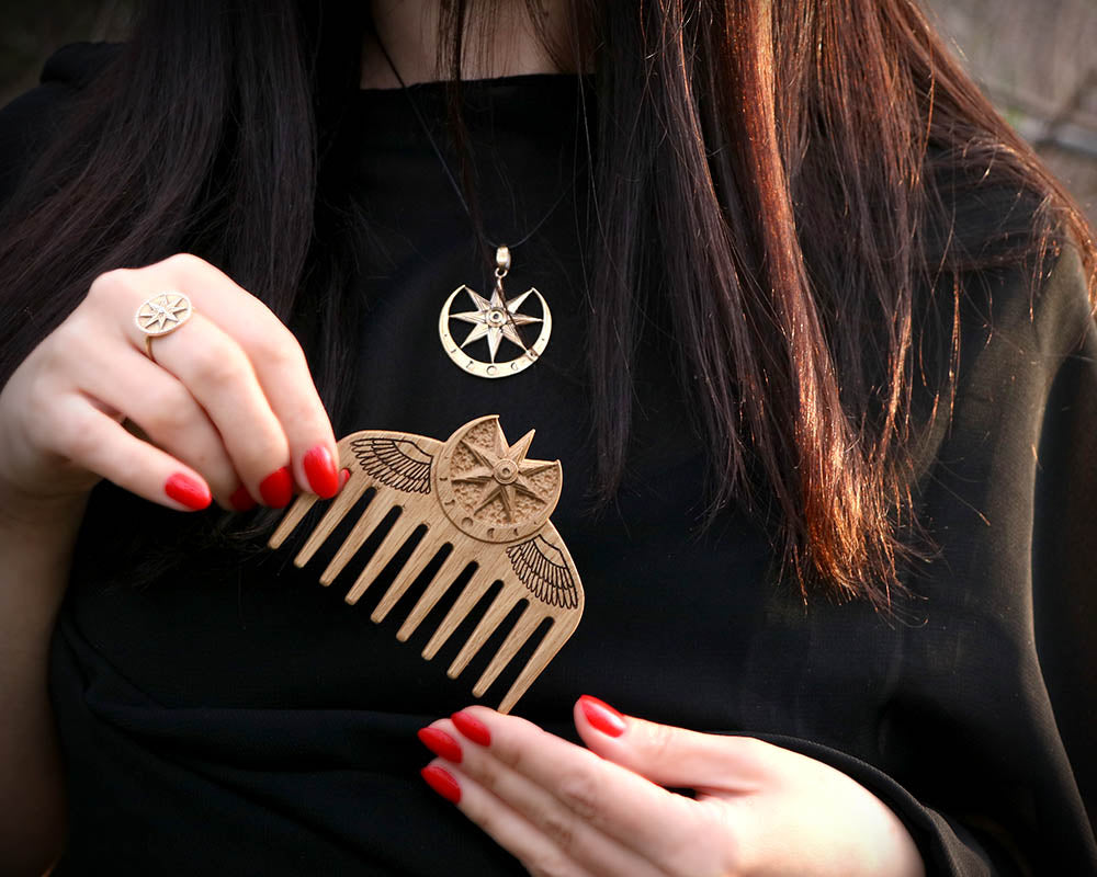 WOODEN Ishtar / Inanna COMB made of solid OAK wood, Natural Wood Comb