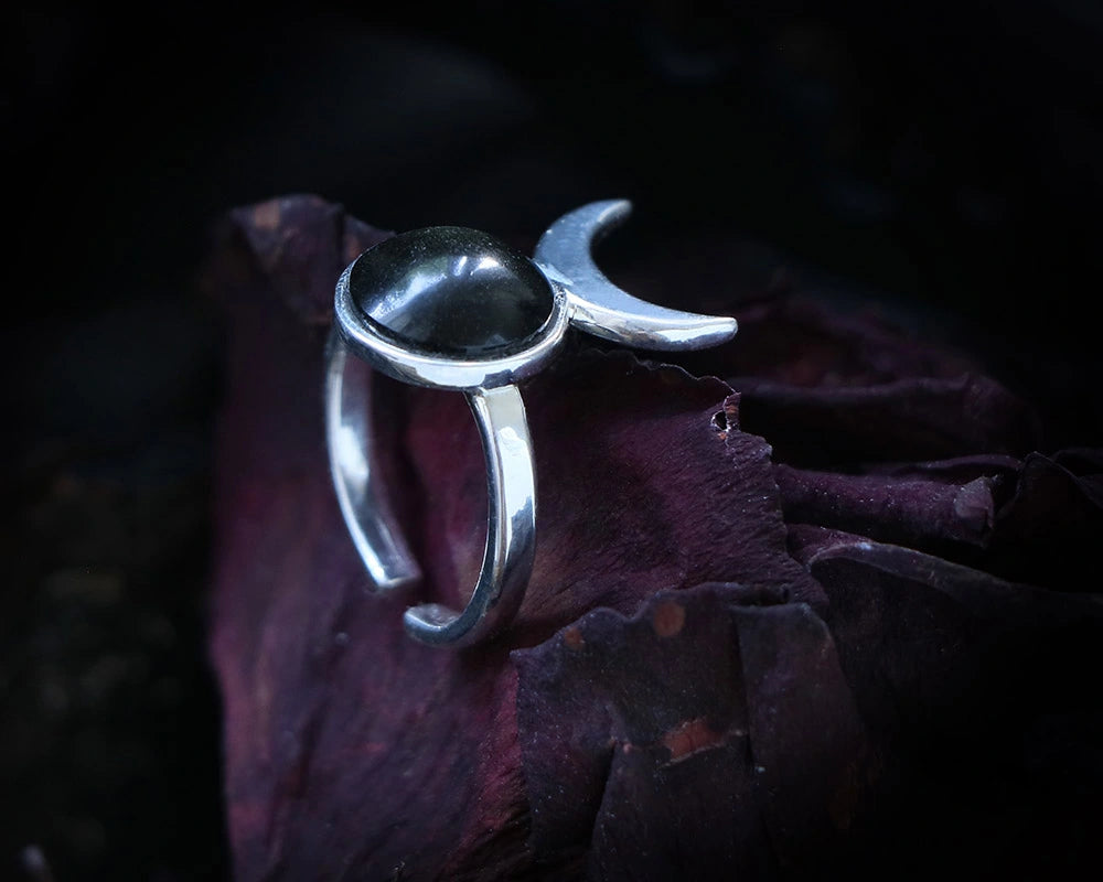 crescent moon ring with obsidian