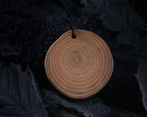 May include: A wooden pendant with a circular shape and concentric rings, resembling a tree trunk cross-section. The pendant is brown and has a natural wood finish. It is hanging from a black cord against a dark background.