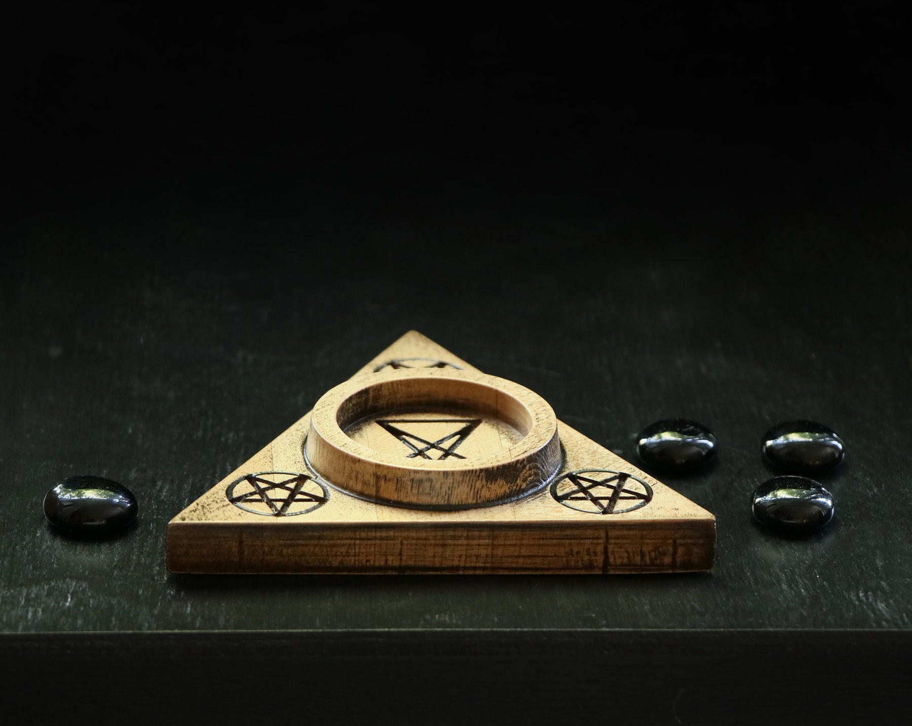 wooden candle holder for Lucifer altar with Sigil of Lucifer and inverted pentagrams