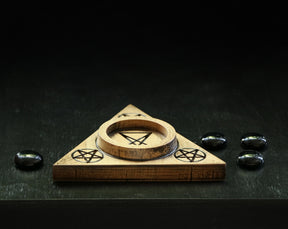 wooden candle holder for Lucifer altar with Sigil of Lucifer and inverted pentagrams