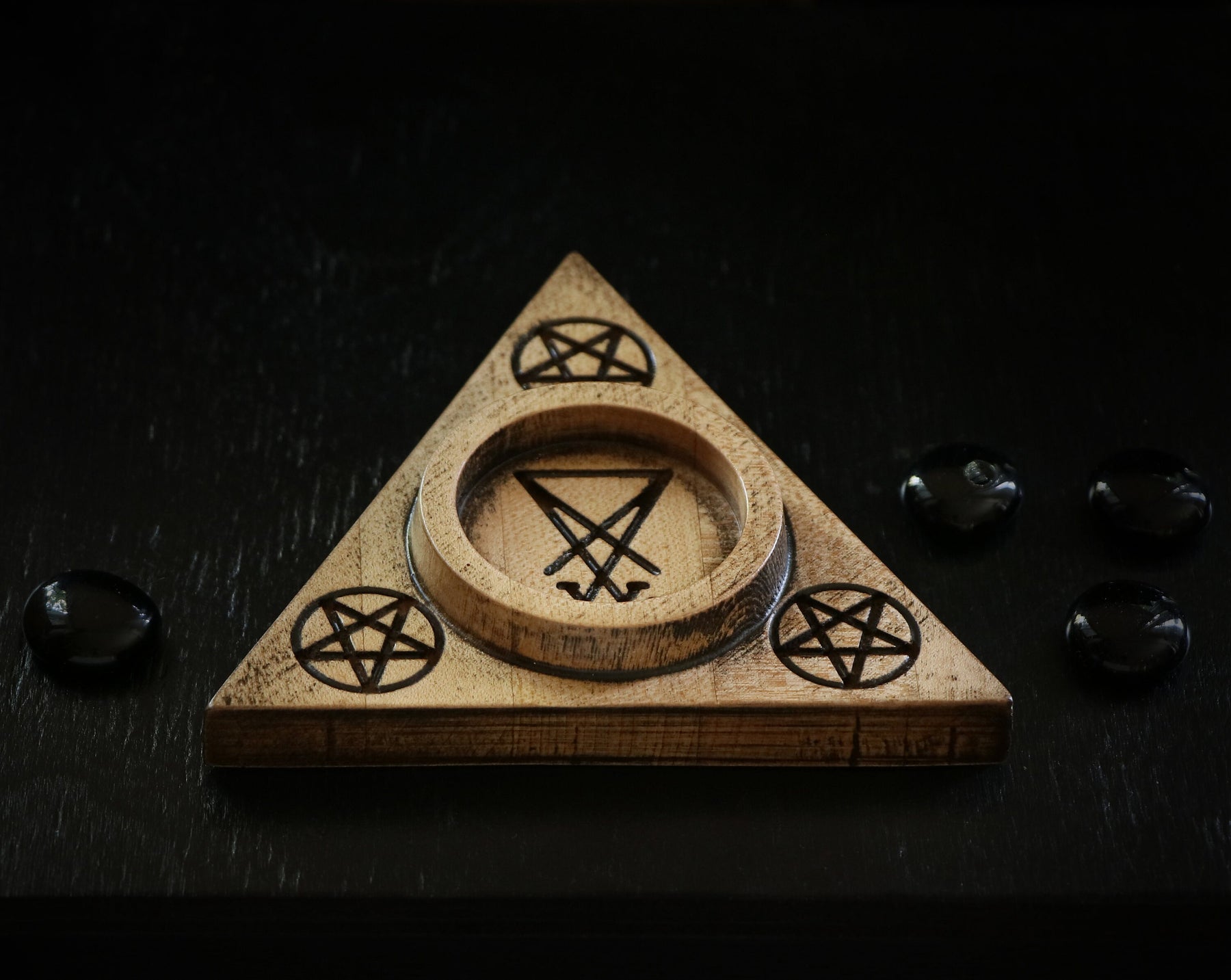 Wooden candle holder with Sigil of Lucifer for altar