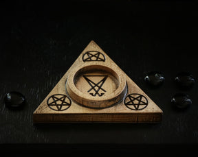 Wooden candle holder with Sigil of Lucifer for altar