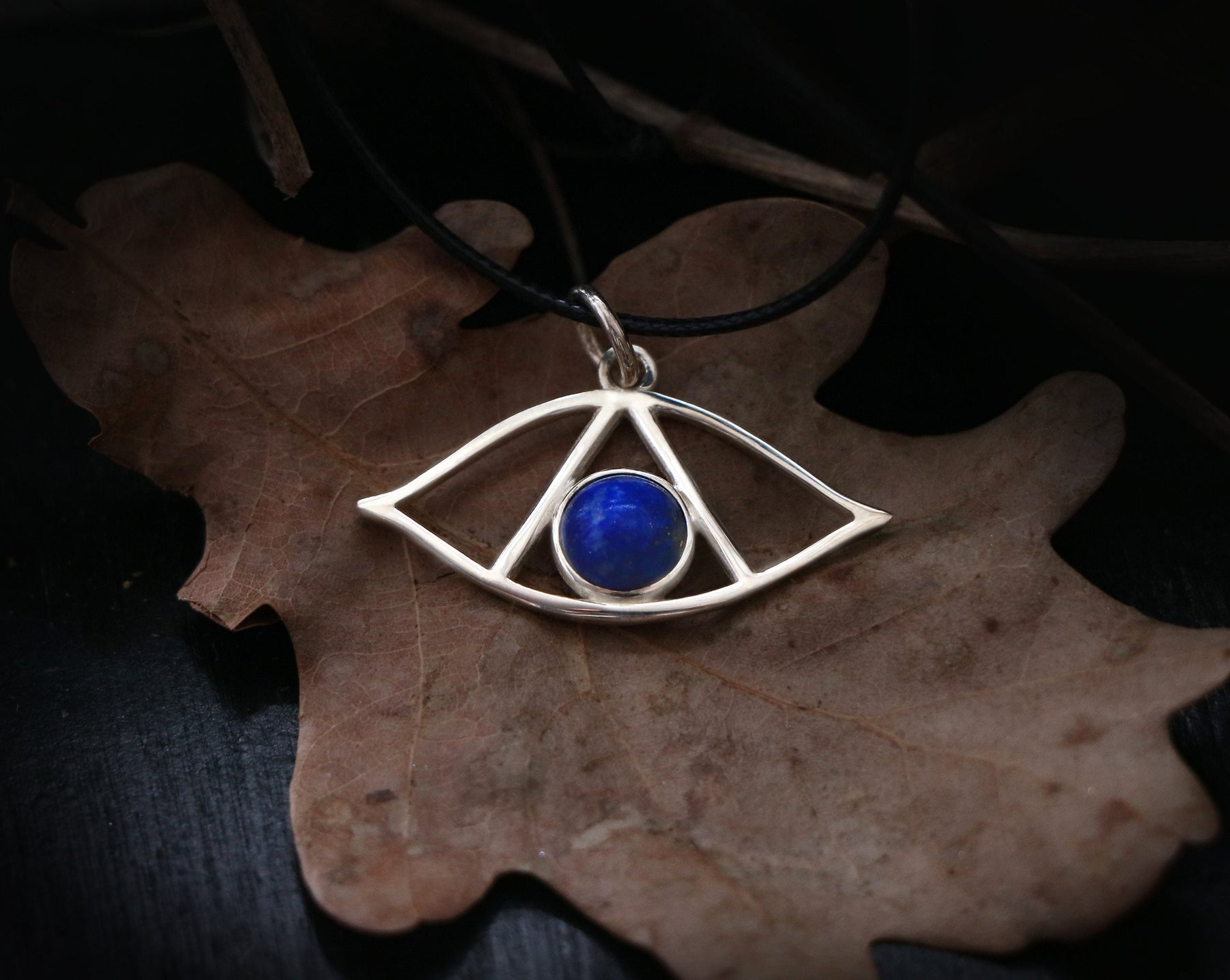 May include: A silver eye pendant with a blue lapis lazuli stone set in the center. The pendant is on a black cord and is resting on a brown leaf.