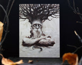 May include: A black and white painting of a tree spirit with a long beard and a gnarled, twisted tree trunk growing out of its head.
