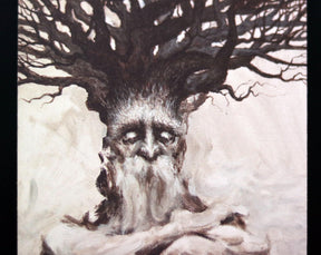 May include: A watercolor painting of a tree with a human-like face. The tree has a long white beard and is depicted with a sad expression. The background is a light gray color.