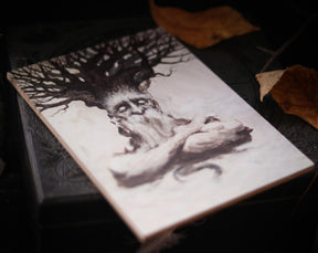 May include: A black and white illustration of a tree with a human face and beard. The tree is depicted with gnarled branches and a thick trunk. The face is expressive with a furrowed brow and a thoughtful expression.