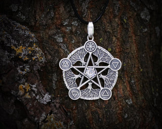 May include: Silver pendant necklace featuring a five-pointed star with a clear crystal in the center. The star is surrounded by five tree branches with symbols representing the elements: earth, air, fire, water, and spirit.