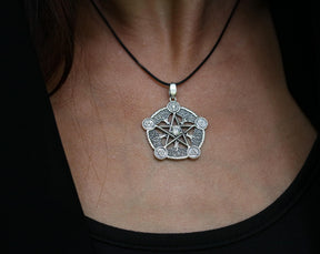 May include: A silver pendant necklace featuring a five-pointed star with a tree of life design and five elemental symbols.