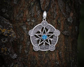 Blue cubic zirconia Tree of Life pentagram necklace in sterling silver