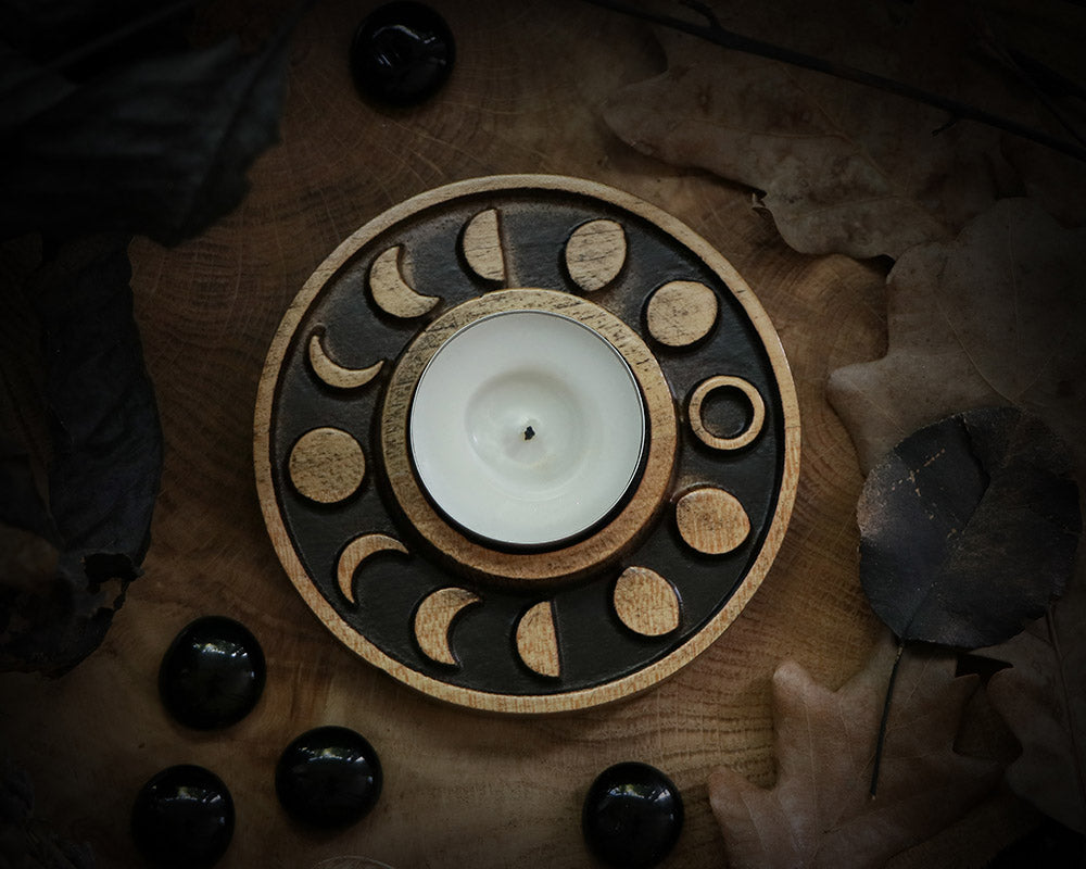 WOODEN Candle holder with Pentagram and moon phases