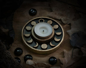 WOODEN Candle holder with Pentagram and moon phases