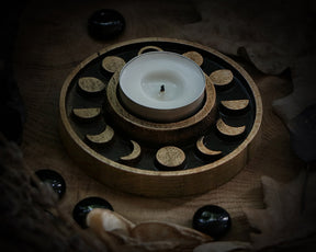 WOODEN Candle holder with Pentagram and moon phases