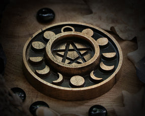 WOODEN Candle holder with Pentagram and moon phases