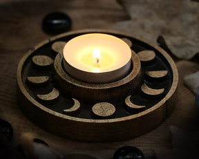 WOODEN Candle holder with Pentagram and moon phases