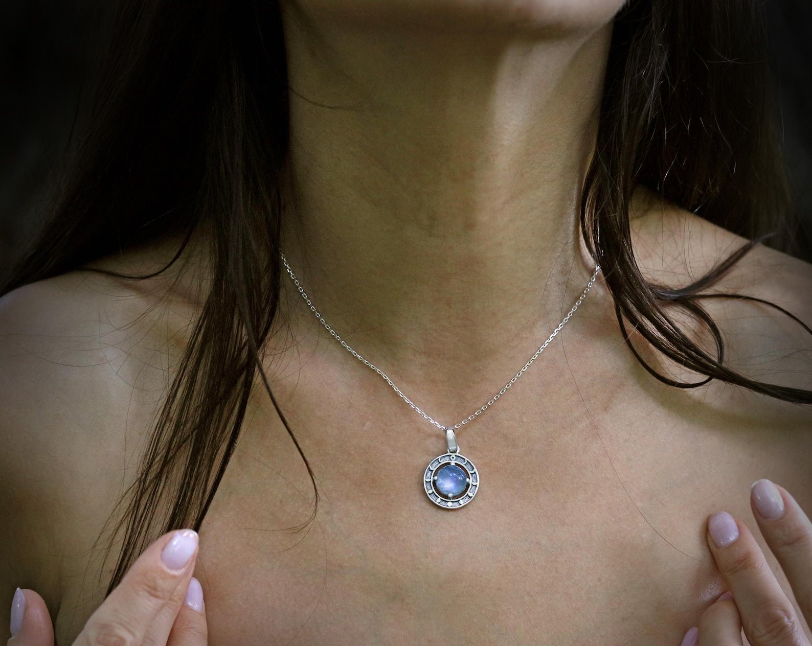 Sterling silver moon phases necklace with natural moonstone