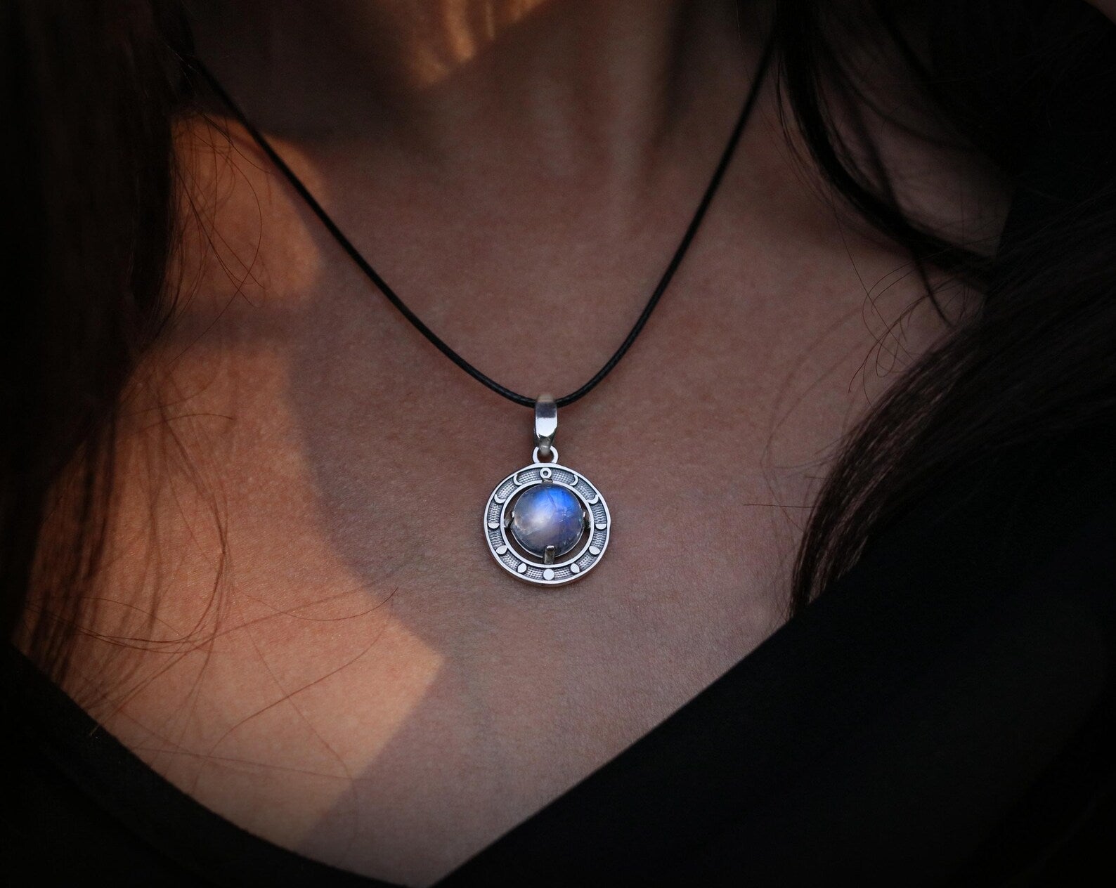 Moon phases moonstone pendant with black cotton cord