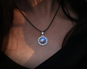 Moon phases moonstone pendant with black cotton cord