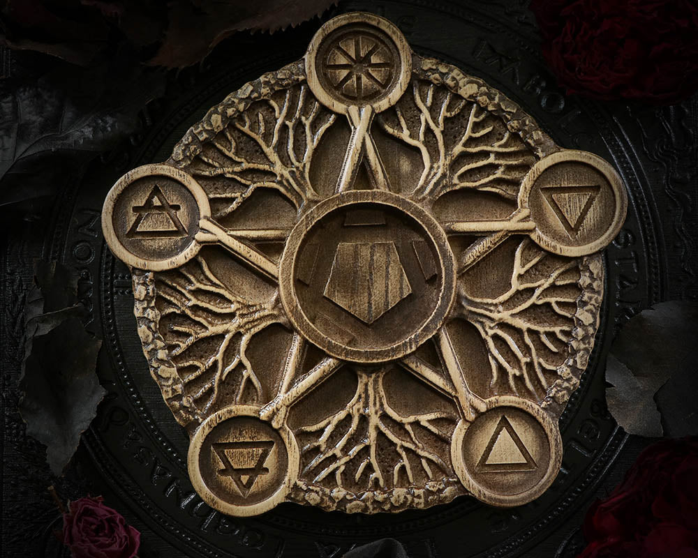 WOODEN Candle holder Pentagram with five elements made of Ash-Tree or Oak Wood