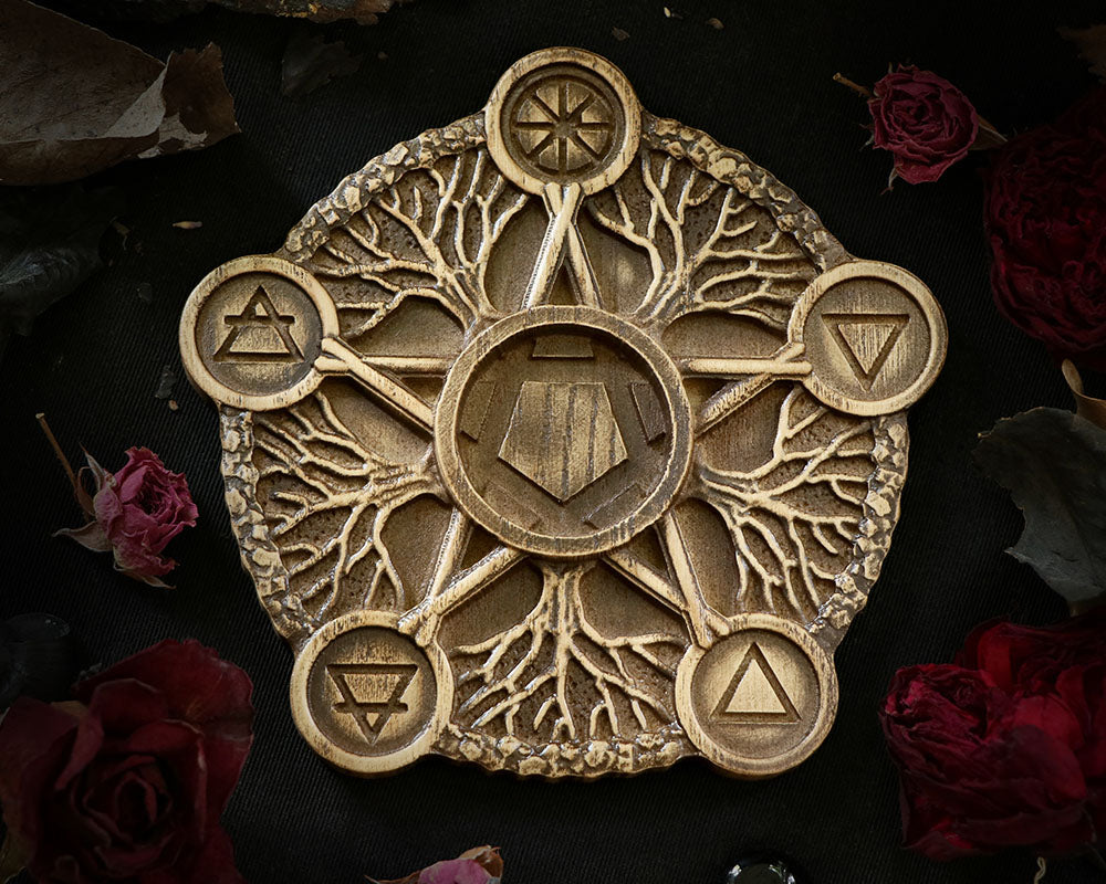 WOODEN Candle holder Pentagram with five elements made of Ash-Tree or Oak Wood