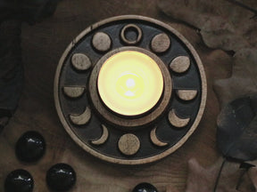 WOODEN Candle holder with Pentagram and moon phases