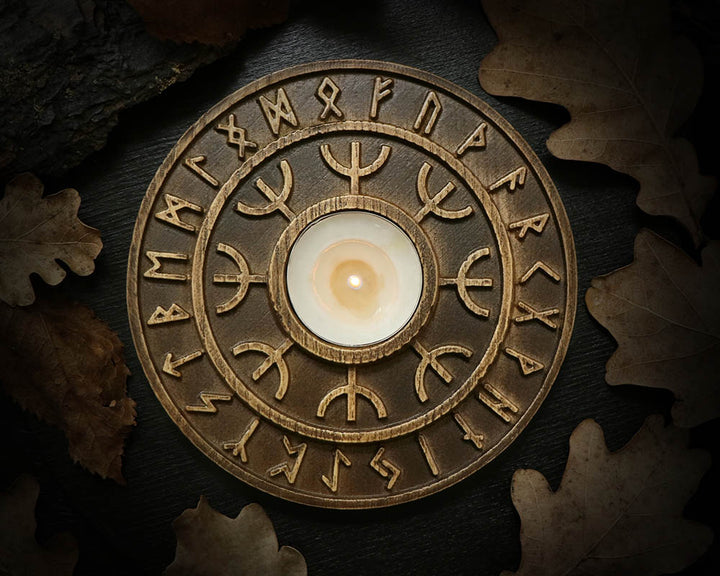WOODEN Candle holder with Elder Futhark 24 runes  made of ASH-TREE