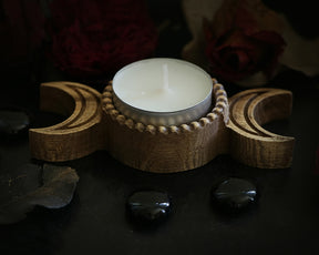 Triple Moon WOODEN Candle holder with Pentagram