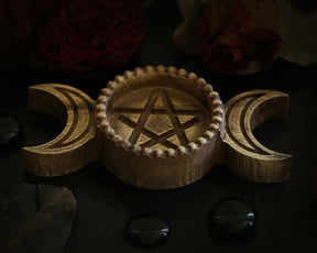Triple Moon WOODEN Candle holder with Pentagram
