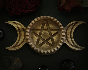 Triple Moon WOODEN Candle holder with Pentagram